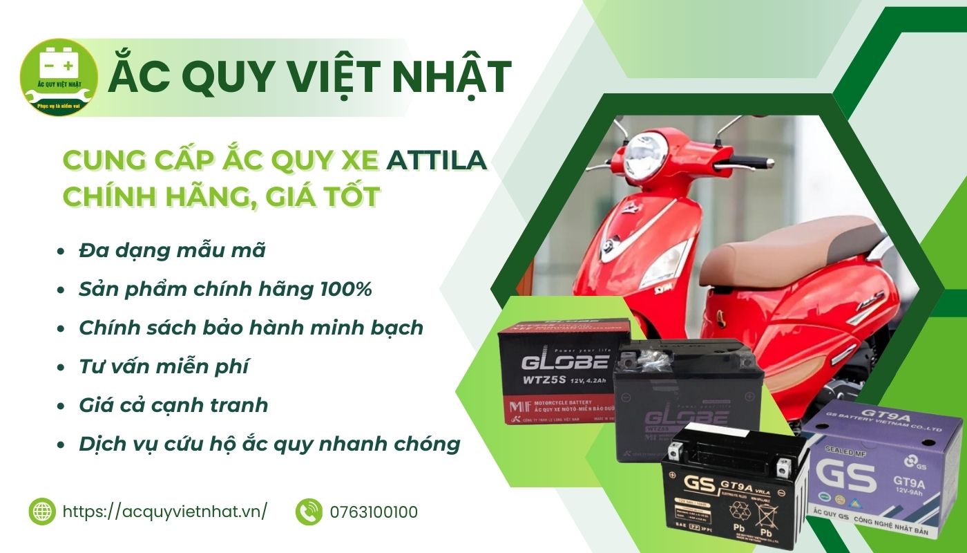 Mua bình ắc quy xe Attila Elizabeth chính hãng, giá tốt tại Ắc Quy Việt Nhật